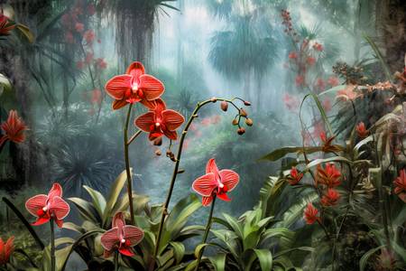 Rote Orchideen im Regenwald, Tropischer Regenwald, Blumen, Traumhafte Natur