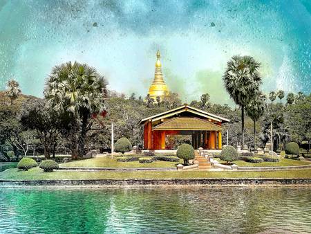 See am Shwedagon Tempel in Yangon, Myanmar, Burma, Fotokunst