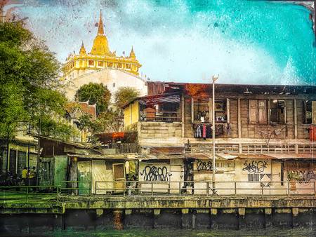 Wat Saket, The Golden Mount, Tempel in Bangkok, Thailand, Fotokunst, Retro, Vintage