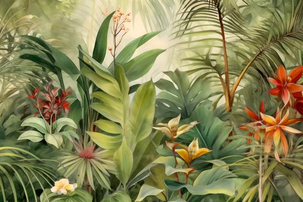 Tropische Blumen im Regenwald. Boho Style. Landschaft mit Blumen a Miro May
