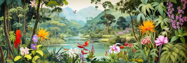Tropische Blumen und Pflanzen umgeben einen ruhig fließenden Fluss, während majestätische Berge am H a Miro May