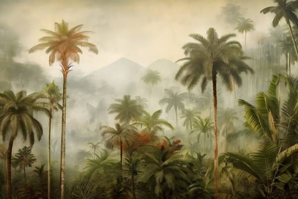 Tropische Landschaft mit Palmen und Bergen. Nebel im Regenwald. Grüne Landschaft am morgen. Natur a Miro May