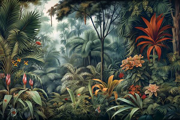 Tropischer Regenwald mit bunten Pflanzen und grünen Bäumen, Natur im Jungle a Miro May