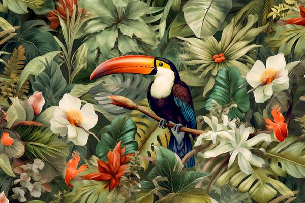 Tukan im Regenwald, Tropischer Regenwald, Tropische Pflanzen, exotische Blumen a Miro May