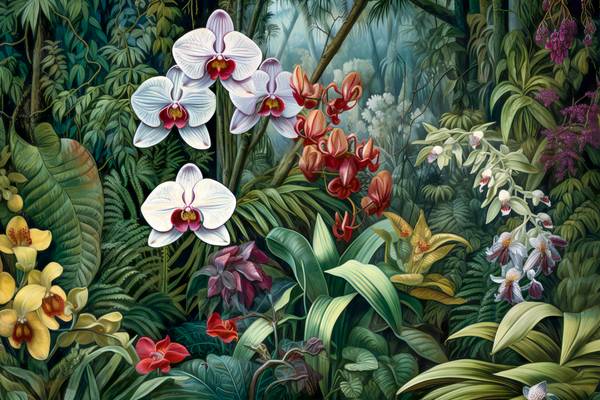 Weisse Orchideen im tropischen Regenwald. Landschaft mit Blumen, Natur, Floral a Miro May
