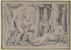 Adam und Eva mit ihrem Erstgeborenen im Wald mit einem Hirsch