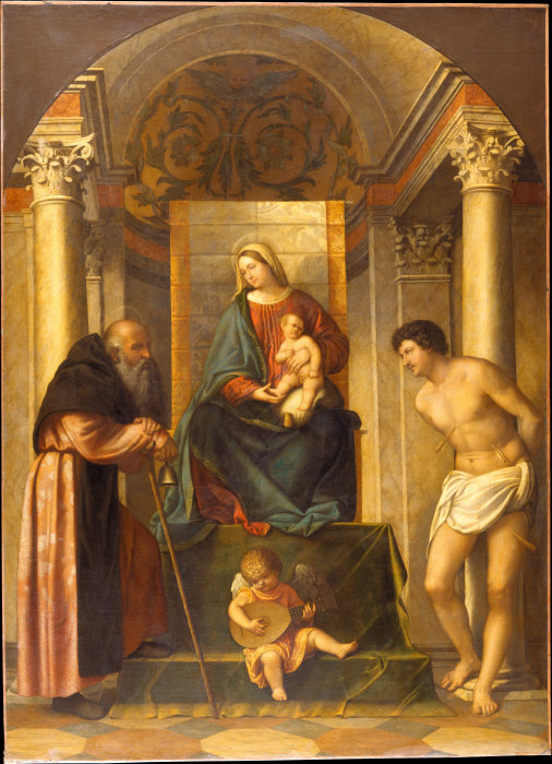 Virgin and Child Enthroned with Saints Anthony Abbot and Sebastian a Moretto da Brescia