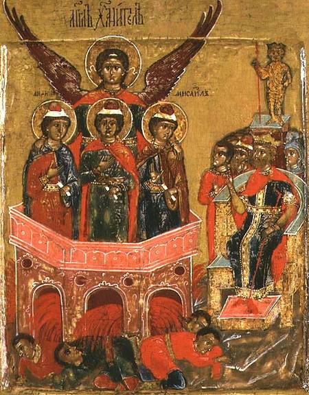 Russian icon depicting Shadrach, Meshach and Abednego in the Fiery Furnace a Scuola di Mosca