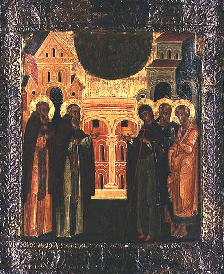 Russian icon of the Miraculous Appearance of the Virgin and the Apostles Peter and Paul to Sergius o a Scuola di Mosca