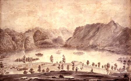Panoramic View of Derwentwater and the Vale of Keswick, detail of the western side of Derwent Water a Moses Griffith