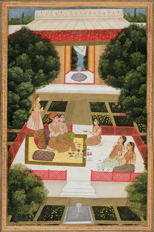 A couple in a garden listening to music with female attendants, from the Small Clive Album a Mughal School