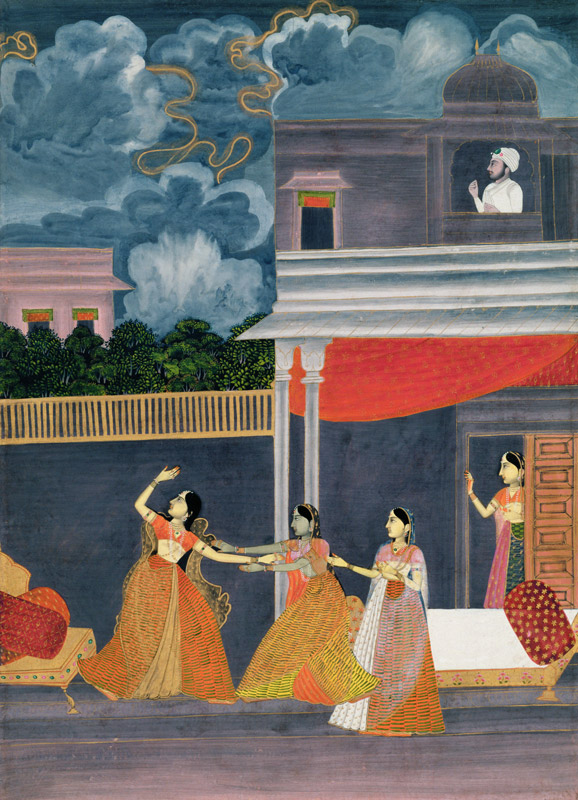 A lady brought in from a storm at night: illustration from the musical mode Madhu Madhavi a Mughal School