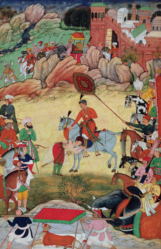 Adham Khan paying homage to Akbar at Sarangpur, Central India, in 1560 or 1561, from the 'Akbarnama' a Mughal School