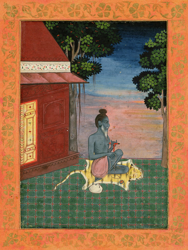 Aged ascetic seated on a tiger skin outside a building, from the Large Clive Album a Mughal School