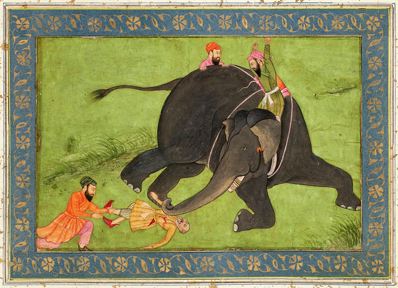 Attendants rescue a fallen man from an enraged elephant, from the Large Clive Album a Mughal School