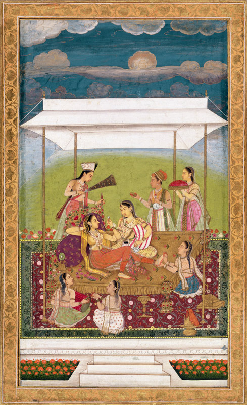 Ladies listening to music in a garden, from the Small Clive Album a Mughal School