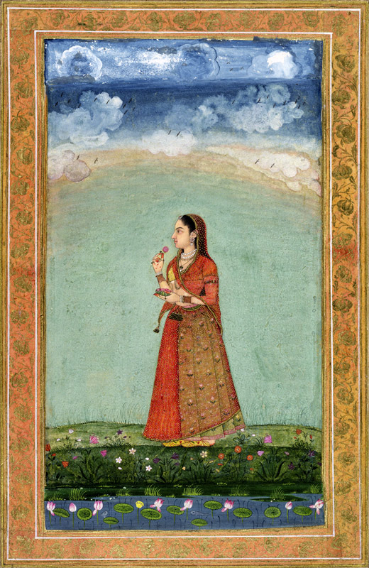 Lady holding a bowl of roses, from the Small Clive Album a Mughal School