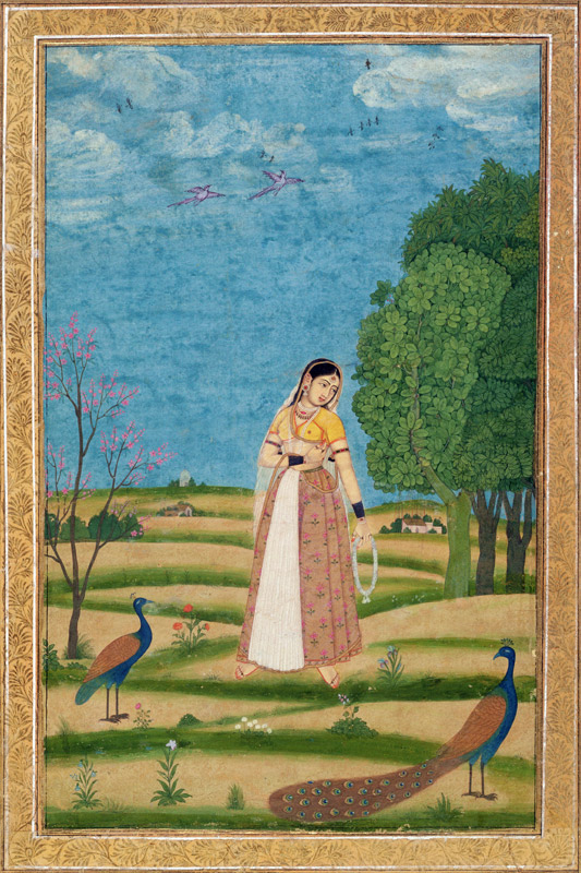 Lady with peacocks, from the Small Clive Album a Mughal School