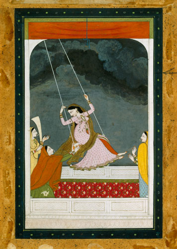 A lady on a swing, Kangra Punjab hills a Mughal School