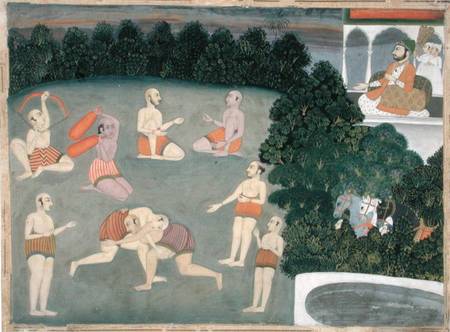 Athletes perform before a seated noble a Mughal School