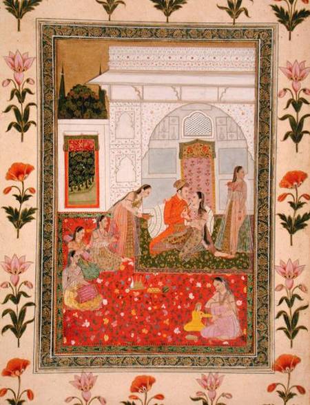Couple with female attendants and musicians, from the Small Clive Album a Mughal School