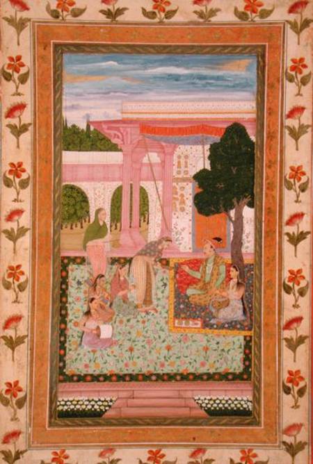 Emperor Jahangir (1569-1627) with his consort and attendants in a garden, from the Small Clive Album a Mughal School