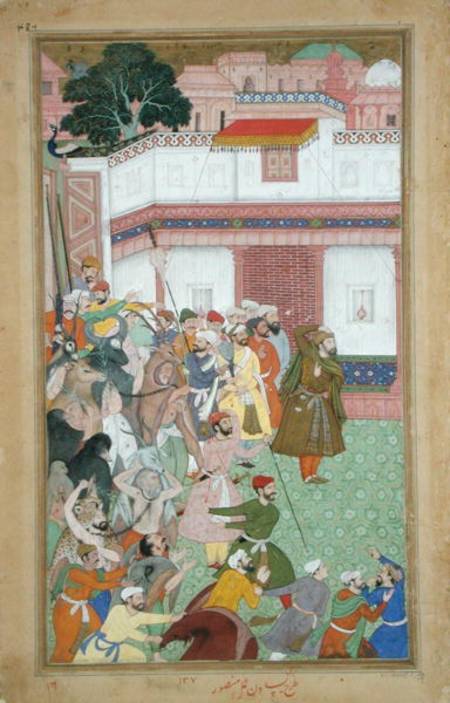 Fatepur Sikiri, 1573: Hasain Quli Khan-l Jahan presenting his prisoners to Emperor Akbar (r.1556-160 a Mughal School