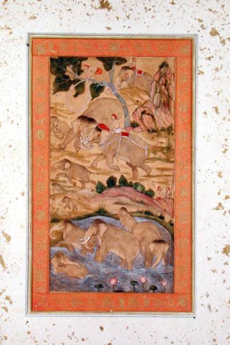Hunters Capturing Elephants, from the Large Clive Album a Mughal School