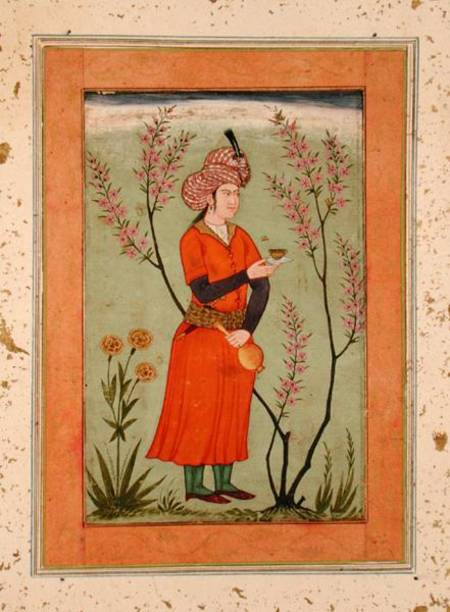 Iranian princely figure holding a cup and flask, from the Large Clive Album a Mughal School