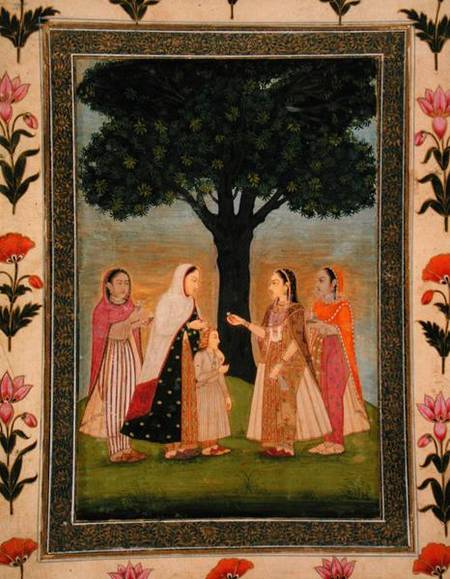 Four Ladies meet by a Tree, from the Small Clive Album a Mughal School