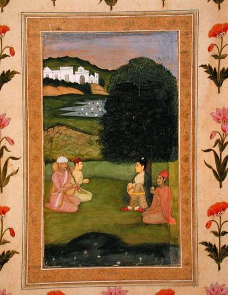 Lady and attendant listening to music at sunset, from the Small Clive Album a Mughal School