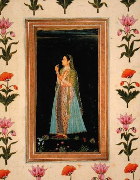 Lady holding a blossom, from the Small Clive Album a Mughal School