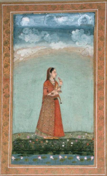 Lady holding a bowl of rose flowers, from the Small Clive Album a Mughal School