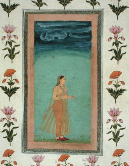 Lady holding a flower, from the Small Clive Album a Mughal School