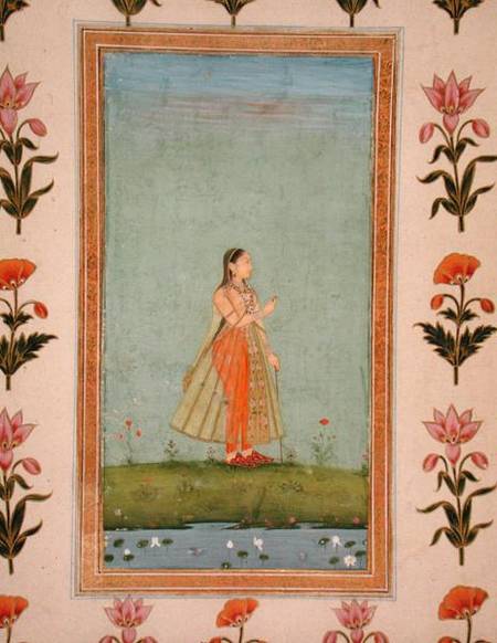 Lady holding a flower, standing by a lily pond, from the Small Clive Album a Mughal School