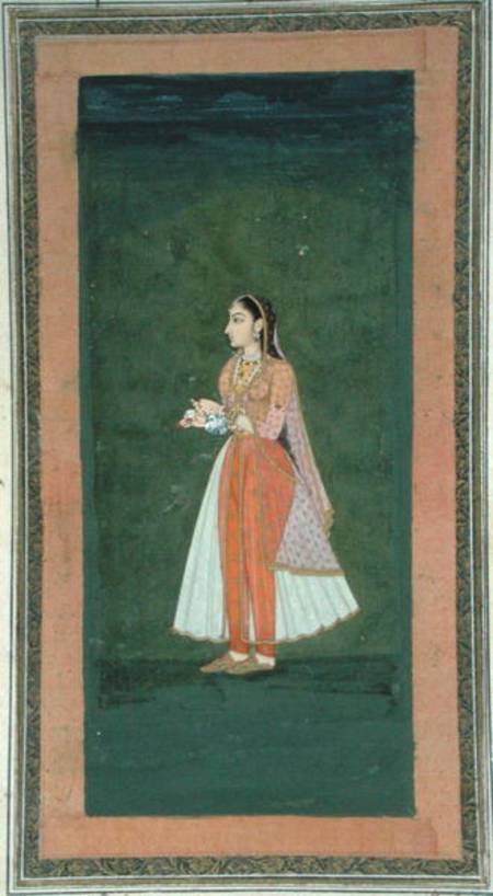 Lady holding a wine flask and cup, from the Small Clive Album a Mughal School