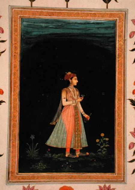 Lady holding a wine flask and glass at night, from the Small Clive Album a Mughal School