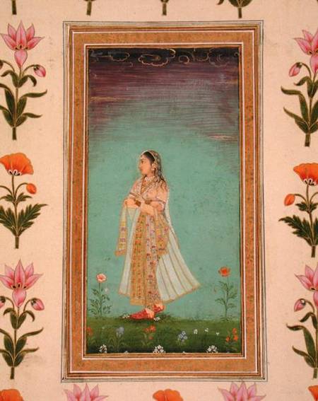 Lady walking through flowers, from the Small Clive Album a Mughal School