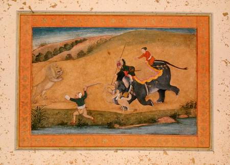 Three men lion hunting, from the Large Clive Album a Mughal School