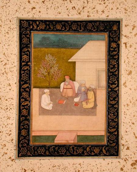 Four Muslim holy men seated in meditation outside a hut, from the Large Clive Album a Mughal School