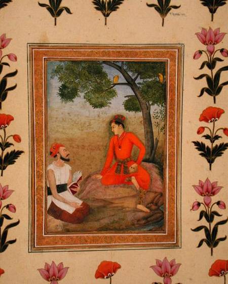 A prince in discussion with a religious man holding a book, from the Small Clive Album a Mughal School