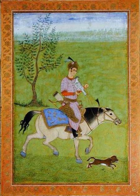 A prince hawking on horseback, from the Large Clive Album  on a Mughal School