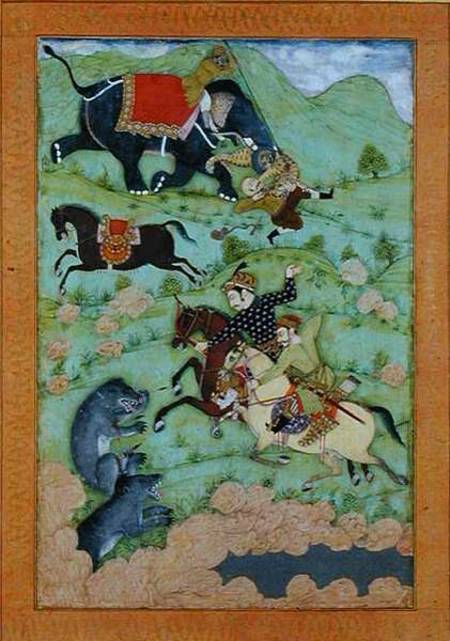 Rajput princes hunting bears; a mahout and his elephant rescue a fallen horseman from a tiger, from a Mughal School