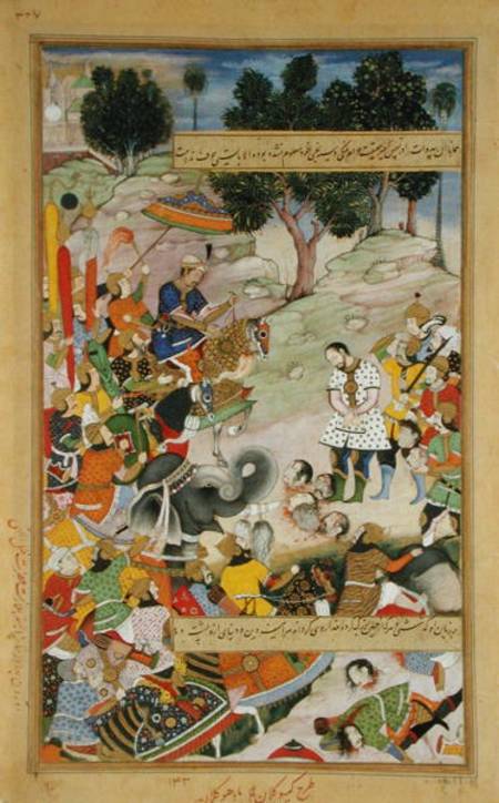 The rebel Bahadur Khan (d.1601) as a prisoner in the presence of Akbar (r.1556-1605) in 1567, from t a Mughal School