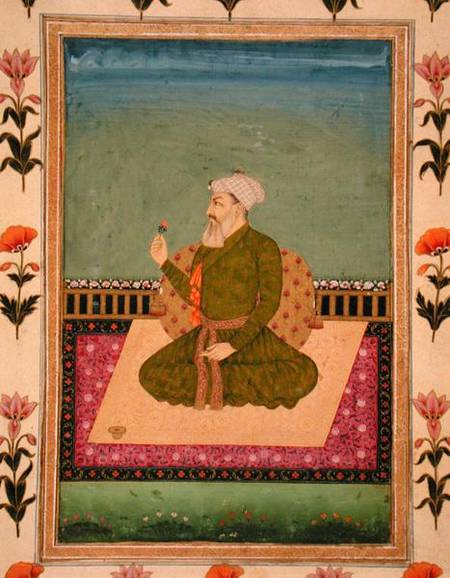 A ruler seated on a carpet or terrace, holding a flower, from the Small Clive Album a Mughal School