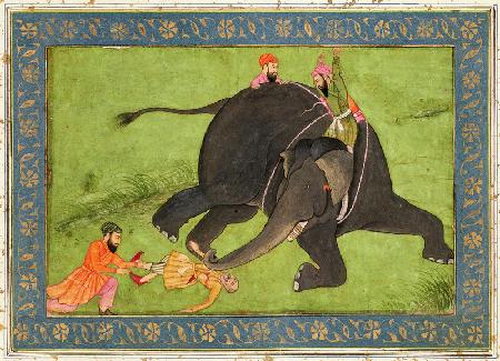 Attendants rescue a fallen man from an enraged elephant, from the Large Clive Album