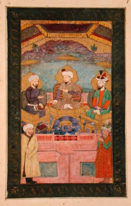 Timur (1336-1405), Babur (1483-1530, r.1526-30) and Humayan (1508-56, r.1530-56) enthroned together, a Mughal School