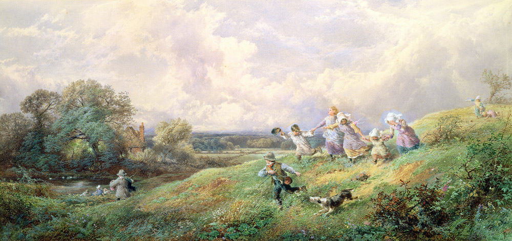 Children Running Down a Hill a Myles Birket Foster