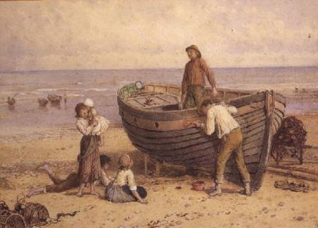 Boat, figures and sea a Myles Birket Foster