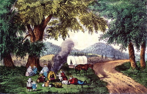 A Halt by the Wayside (print) 9:picnic; cauldron; sisters; pipe; covered wagon; settlers; American; a N. Currier